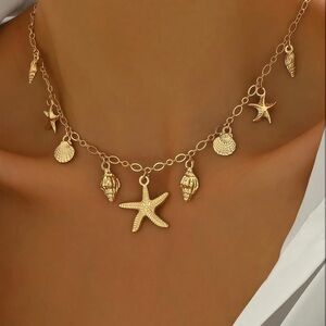 Gold Seashell & Starfish Charm Choker Necklace